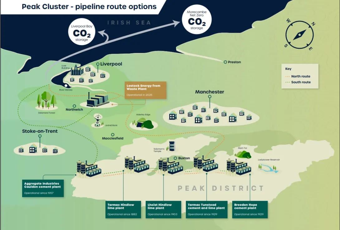 Map showing the indicative route for pipeline routes for the Peak Cluster project