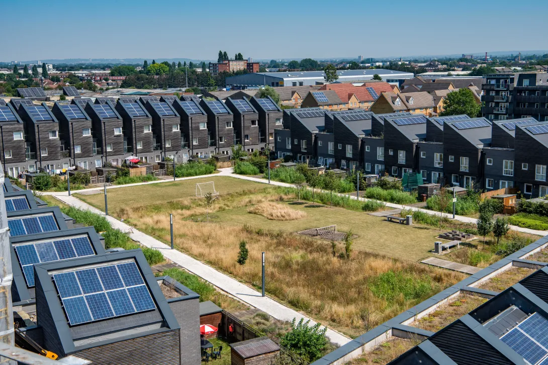 An aerial shot of the housing development at Barking Riverside