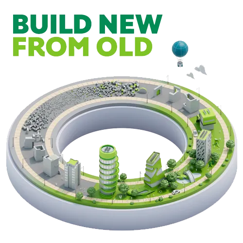 Loop showing the recycling of old buildings into new with the text "Build new from old"