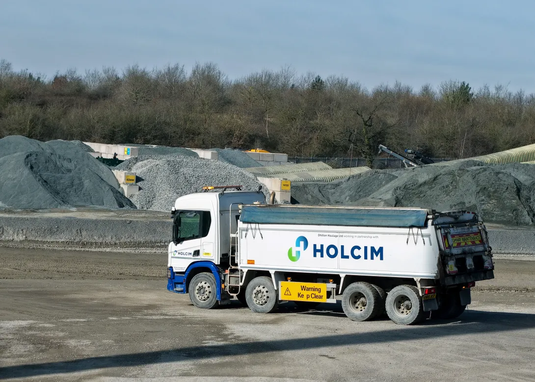 A Holcim UK tipper lorry at Bardon Hill Quarry in Leicestershire