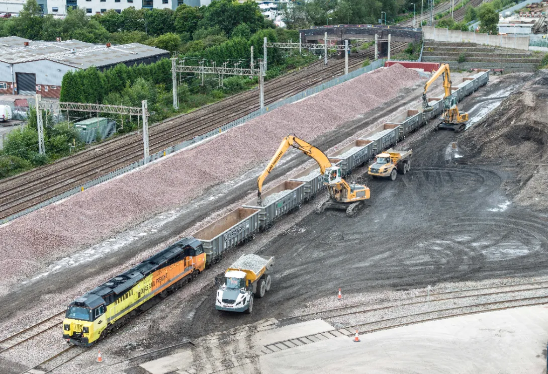 recycled rail ballast being loaded onto wagons at Land Recovery's Stoke site