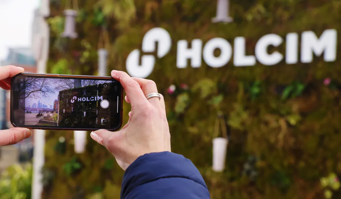 A billboard made from low carbon and recycled materials and edible plants unveiled in London's Southbank for the launch of Holcim UK