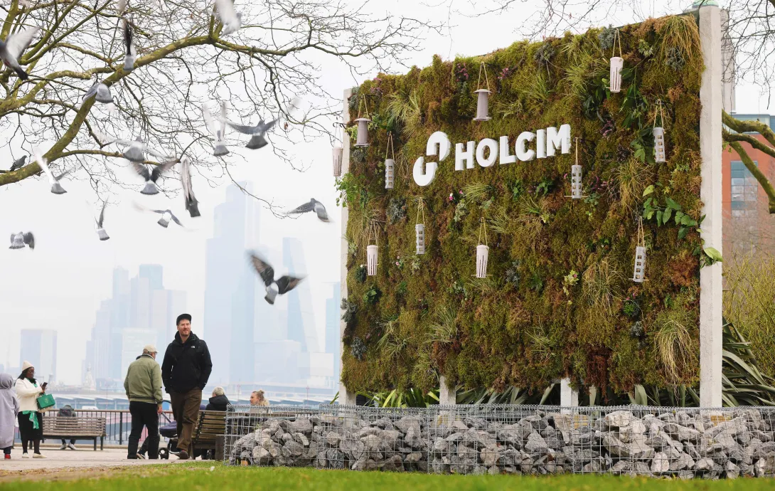 A billboard made from low carbon and recycled materials and edible plants unveiled in London's Southbank for the launch of Holcim UK