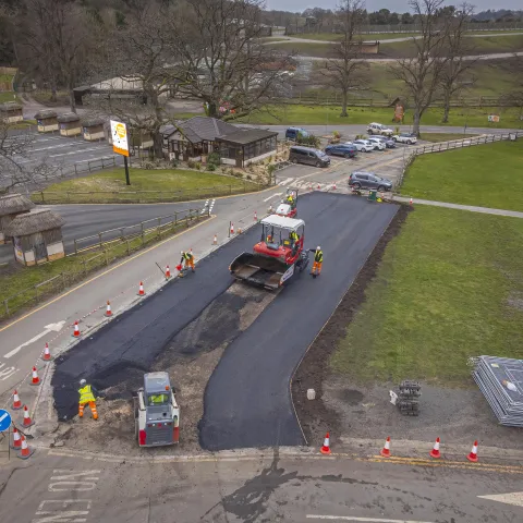 Ariel view of asphalt being laid at West Midlands Safari Park