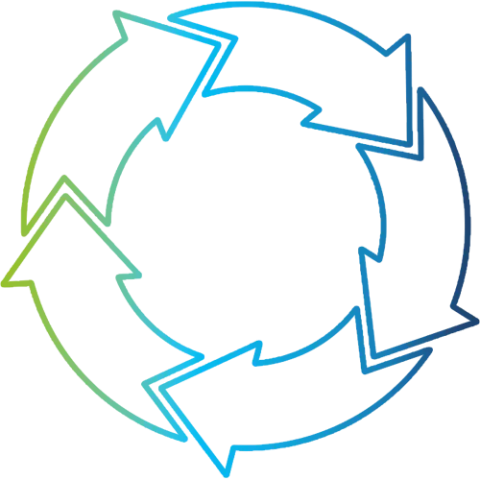 Circle made out of 5 interlocking arrows with a gradient from green to deep blue
