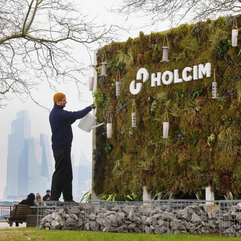 A billboard made from low carbon and recycled materials and edible plants unveiled in London's Southbank for the launch of Holcim UK